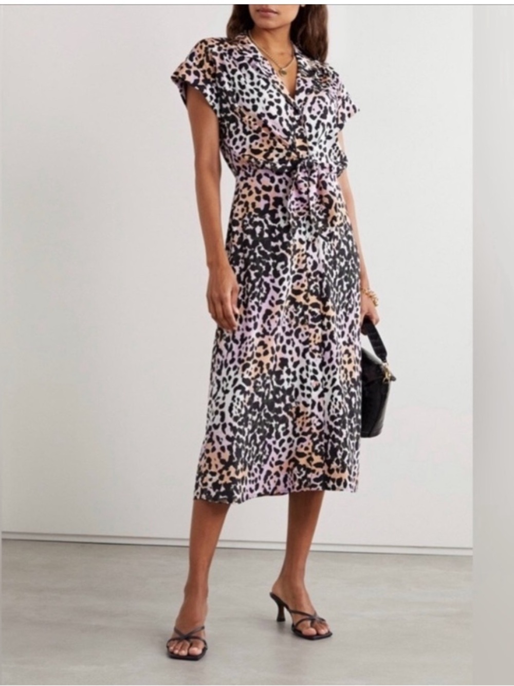 Veronica Beard Leopard-Print V-Neck Tie-Waist Midi Dress - Black, Pink, Tan
